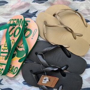 Havaianas Flip Flops Bundle - Farm Rio Green/Pink, Classic Black, Slim Gold
